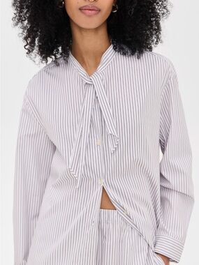 LESET Striped Tie-Neck Button-Down Shirt in White & Gray